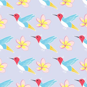 Colorful birds and plumeria flowers seamless pattern