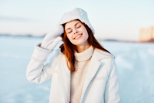 beautiful woman winter weather snow posing nature rest Fresh air