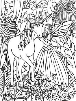 Fairy Petting Unicorn Coloring Page for Adults