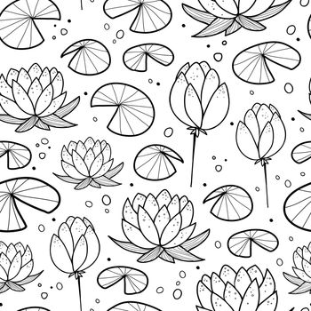 Seamless black and white outlined Water lily pattern doodles