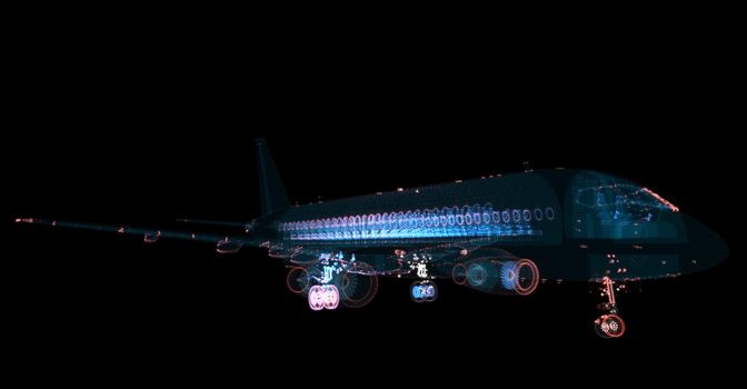 Airliner consists of luminous lines. Transport and technology concept
