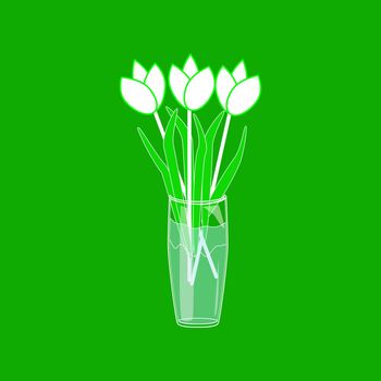 Glass vase with tulips isolated on green background. Tulips bouquet in glass bowl with water.