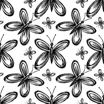 butterflies hand drawn seamless pattern. butterfly sketch art - flat illustration for fabric, wallpaper