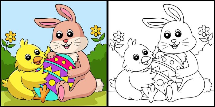 Rabbit And Chick Hugging Easter Egg Illustration