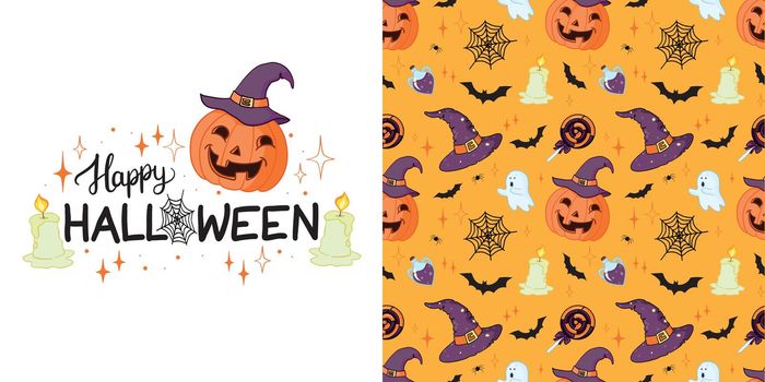 Halloween set - pumpkin, garland, ghost, bat, spider, web, leaves, candy, cupcake, witch hat, scary eye, lantern, scull, bone isolated on white background. Perfect for holiday decoration, stickers