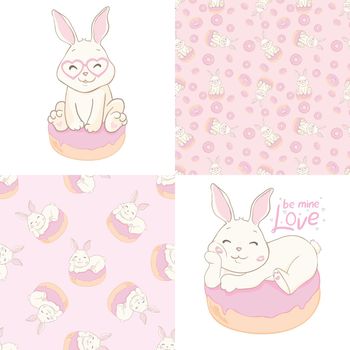 Cute Rabbit And Donuts Illustration. Animal Flat Cartoon Style
