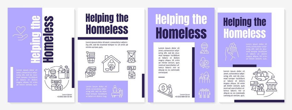 Assisting homeless people purple brochure template. Emergency shelter. Leaflet design with linear icons. 4 vector layouts for presentation, annual reports. Anton, Lato-Regular fonts used