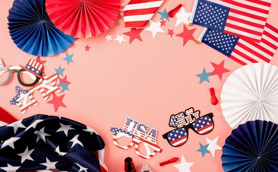 USA independence day party elements top view flat lay on pink