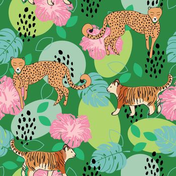 Seamless jungle pattern with colorful shapes, leaves, hibiscus, cheetah and tiger