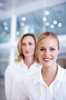 Pretty executive smiling with business woman. Portrait of pretty female executive with business woman in background.