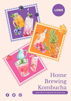 Poster template with Kombucha drink concept,watercolor style