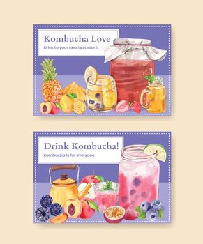 Facebook template with Kombucha drink concept,watercolor style