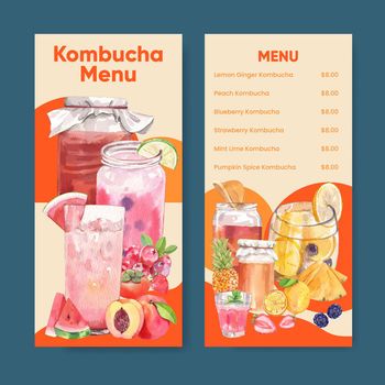 Flyer template with Kombucha drink concept,watercolor style
