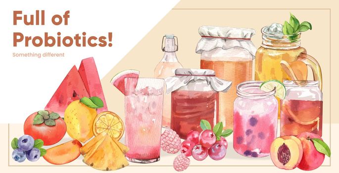 Billboard template with Kombucha drink concept,watercolor style