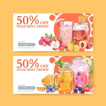 Voucher template with Kombucha drink concept,watercolor style
