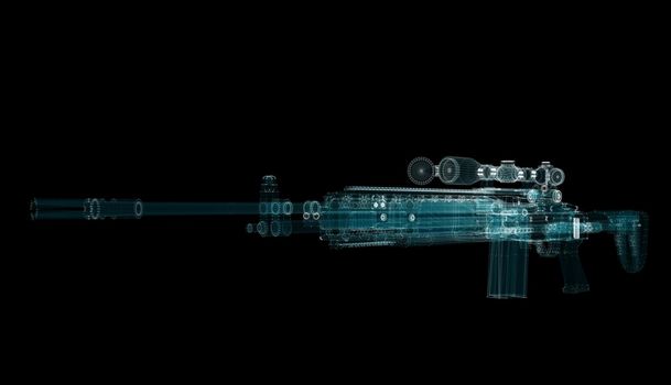 Submachine Gun Hologram. Weapon and Technology Concept. Interface element 3d illustration