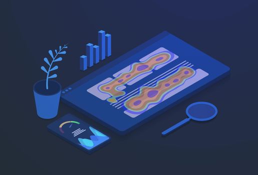 Website Heatmap Insights and Behavior Analytic Digital Tools illustration. Heatmap and page speed website seo optimization tracking tools isometric concept