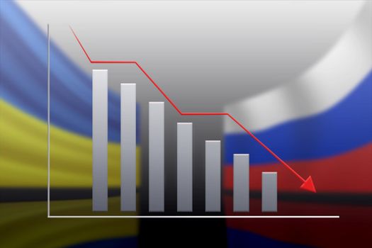 recession chart and the state flags of Russia and Ukraine on a gray background.