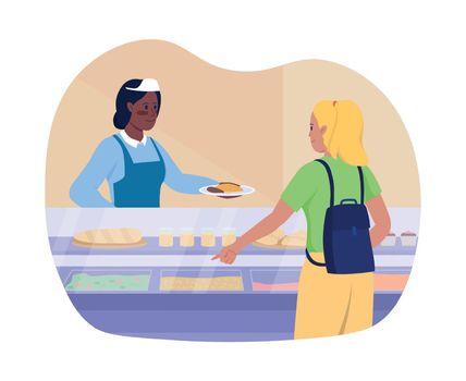 Girl purchasing lunch 2D vector isolated illustration