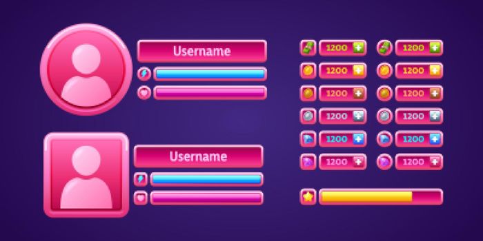 Pink game menu panel, rpg user profiles, rewards