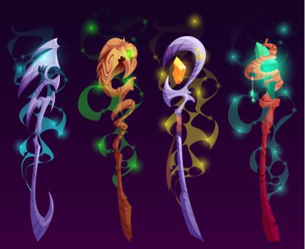Set of magic staff, wands or walk sticks with gems