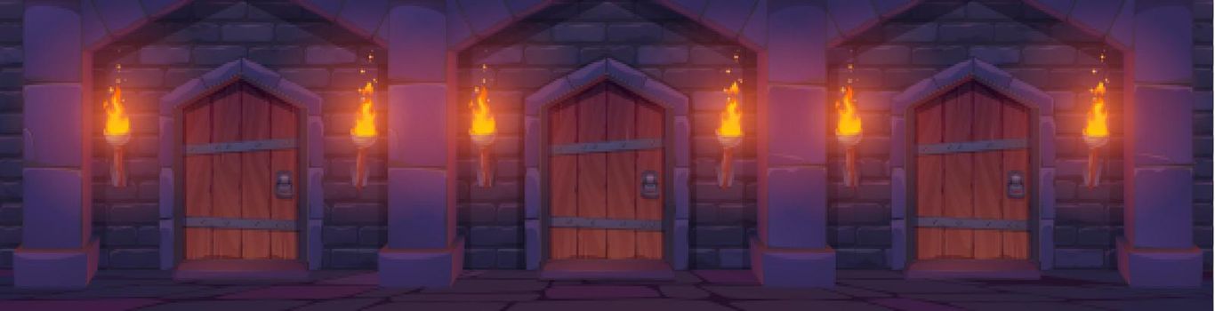 Medieval wooden doors in stone wall with torches