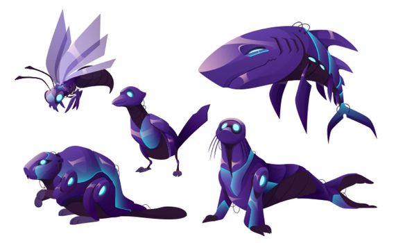 Mechanical animals, shark, seal, wasp, bird and beaver robots. Vector cartoon set of futuristic pets cyborgs, purple mechanic insect, fish, sea animals isolated on white background