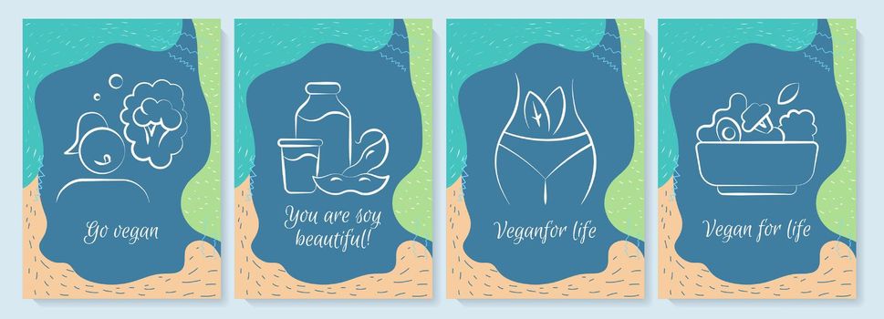 Vegan dieting postcards with linear glyph icon set
