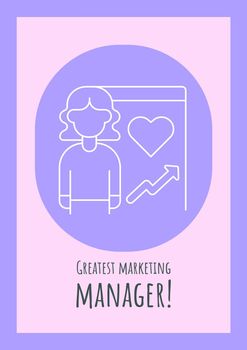 Wishes to best marketing manager postcard with linear glyph icon