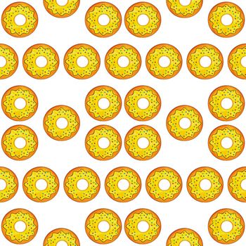 Seamless pattern of yellow donuts on a white isolated background. Confectionery sweets top view.