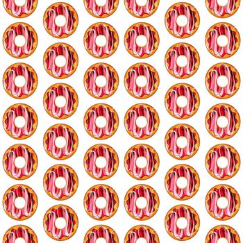 Seamless pattern of red donuts on a white isolated background. Confectionery sweets top view.