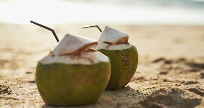 Perfect for sipping in the shade. Shot of two drinks made from the husk of a coconut.
