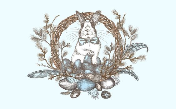 Bunny, pussy willow branches and Easter eggs wreath. Birds Feathers. Engraved vintage style. Greeting card. Line art happy rabbit Decoration design. Holiday folkstyle banner. Vector.