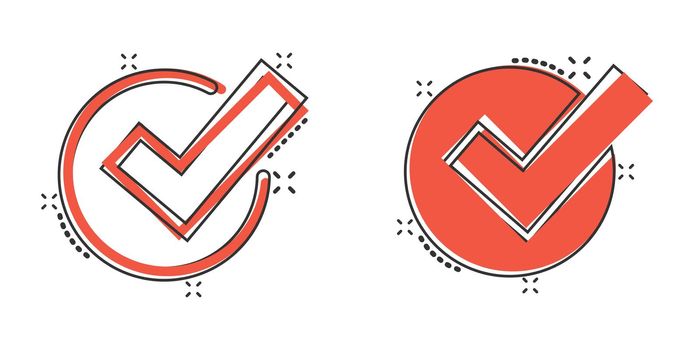 Check mark sign icon in comic style. Confirm button cartoon vector illustration on white isolated background. Accepted splash effect business concept.