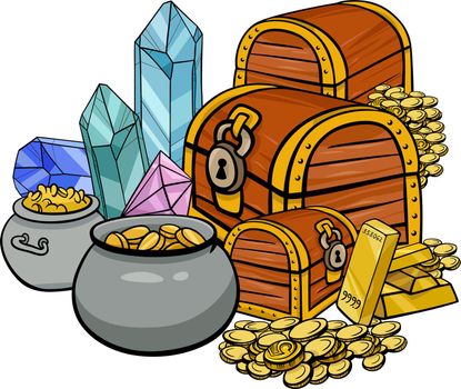 cartoon treasure with gems and gold