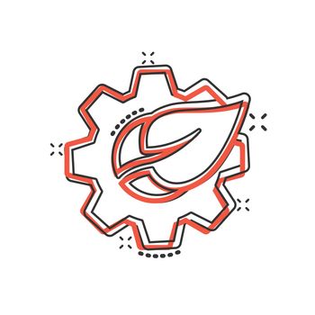 Leaf and gear icon in comic style. Cog with plant cartoon vector illustration on white isolated background. Eco machine splash effect sign business concept.