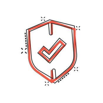 Shield with check mark icon in comic style. Protect cartoon vector illustration on white isolated background. Checkmark guard splash effect business concept.
