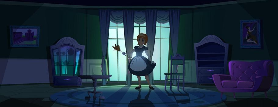Maid in apron in dark living room at night