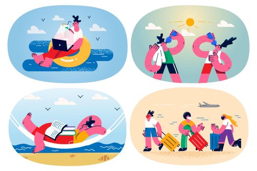 Set of diverse people relax rest on each enjoy summer holiday. Bundle of smiling travelers or tourist enjoy vacation in warm country. Travel and tourism concept. Flat vector illustration.
