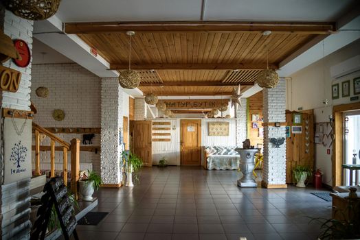wooden structure of hotel resort reception. Eco retreat lobby
