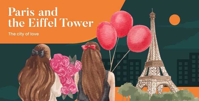 Billboard template with Eifel in Paris lover concept,watercolor style
