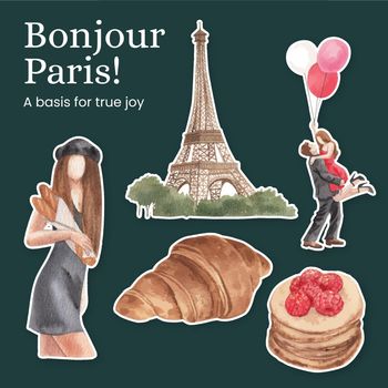 Sticker template with Eifel in Paris lover concept,watercolor style