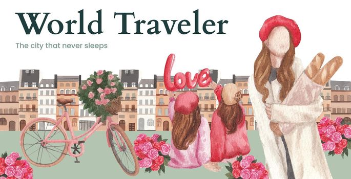Billboard template with Eifel in Paris lover concept,watercolor style