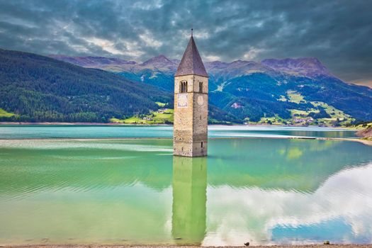 Submerged bell Tower of Curon Venosta or Graun im Vinschgau on Lake Reschen 