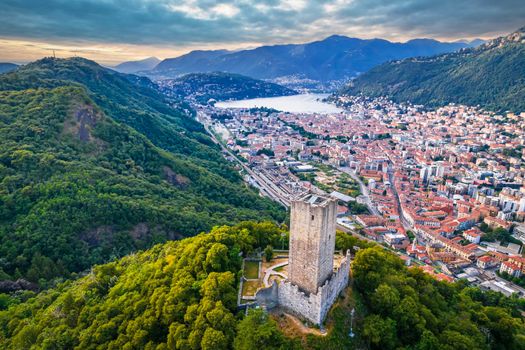 Town of Como and Baradello tower aerial view