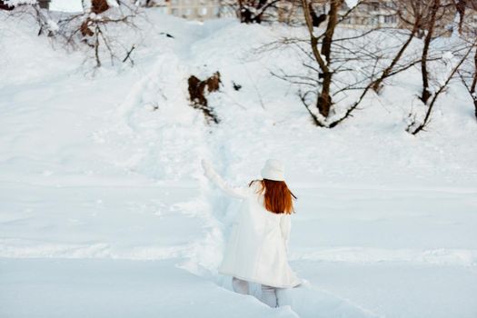beautiful woman smile Winter mood walk white coat Lifestyle