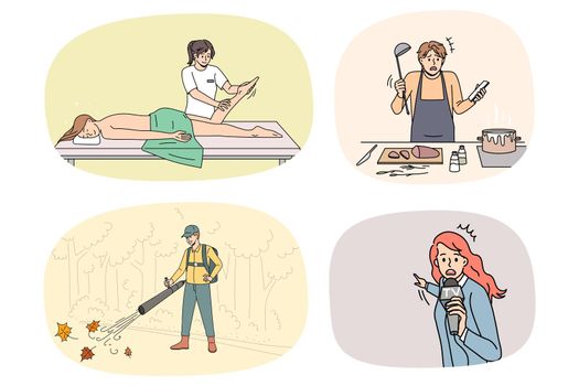 Set of diverse people occupations and professions. Collection of men and women working as chef, masseuse, news reporter or cleaner. Person career and employment. Vector illustration.