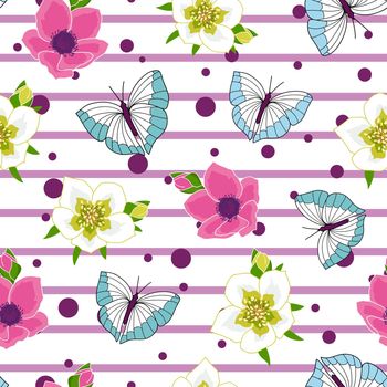 Seamless pattern with butterflies and anemone on purple stripes