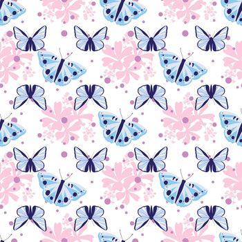 Seamless pattern with colorful butterflies and flower silhouettes