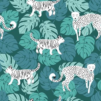 Seamless pattern with white cheetah and tiger and leaves